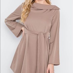 Mocha straight neck solid tie dress